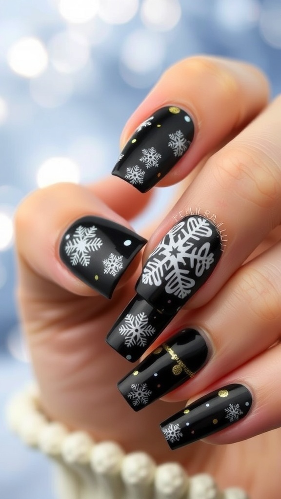 Elegant Black Christmas Nail Art Design Black Christmas nail art with white snowflakes and gold accents on elegantly manicured nails.